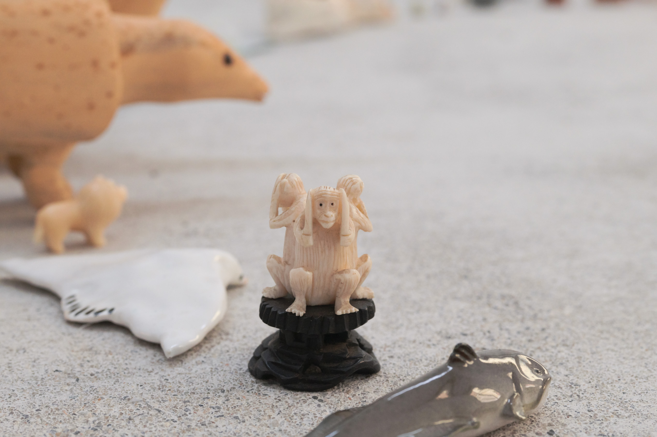Emily Jones, The Lookers, Porcelain, glass, wicker, plastic, rubber, cotton & wooden animal figures, lollipop (detail) Emily Jones, The Lookers, Porcelain, glass, wicker, plastic, rubber, cotton & wooden animal figures, lollipop (detail)