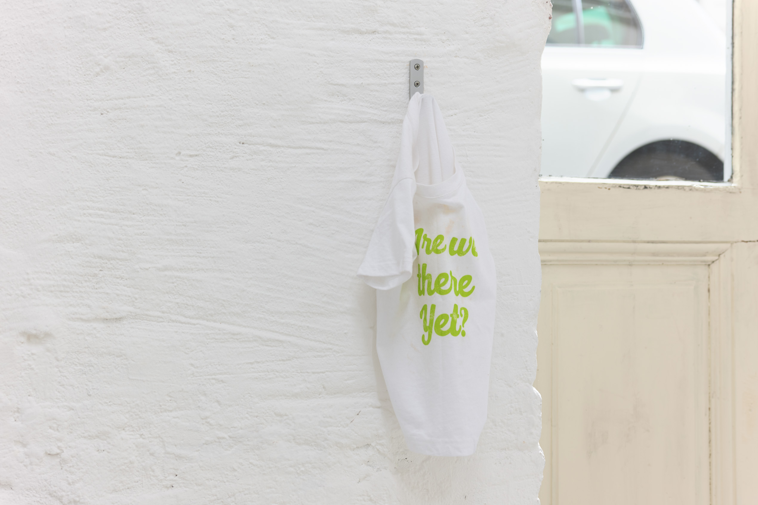 Emily Jones, Greenhithe for Bluewater, toddlers tshirt which reads 'Are we there yet?', stag print on canvas with LED lights Emily Jones, Greenhithe for Bluewater, toddlers tshirt which reads 'Are we there yet?', stag print on canvas with LED lights