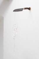 Oscar Enberg, domestic hygiene or the contented cuckold, 2018, Damascus steel, deer antler, sterling silver fixtures, stain and handmade lace