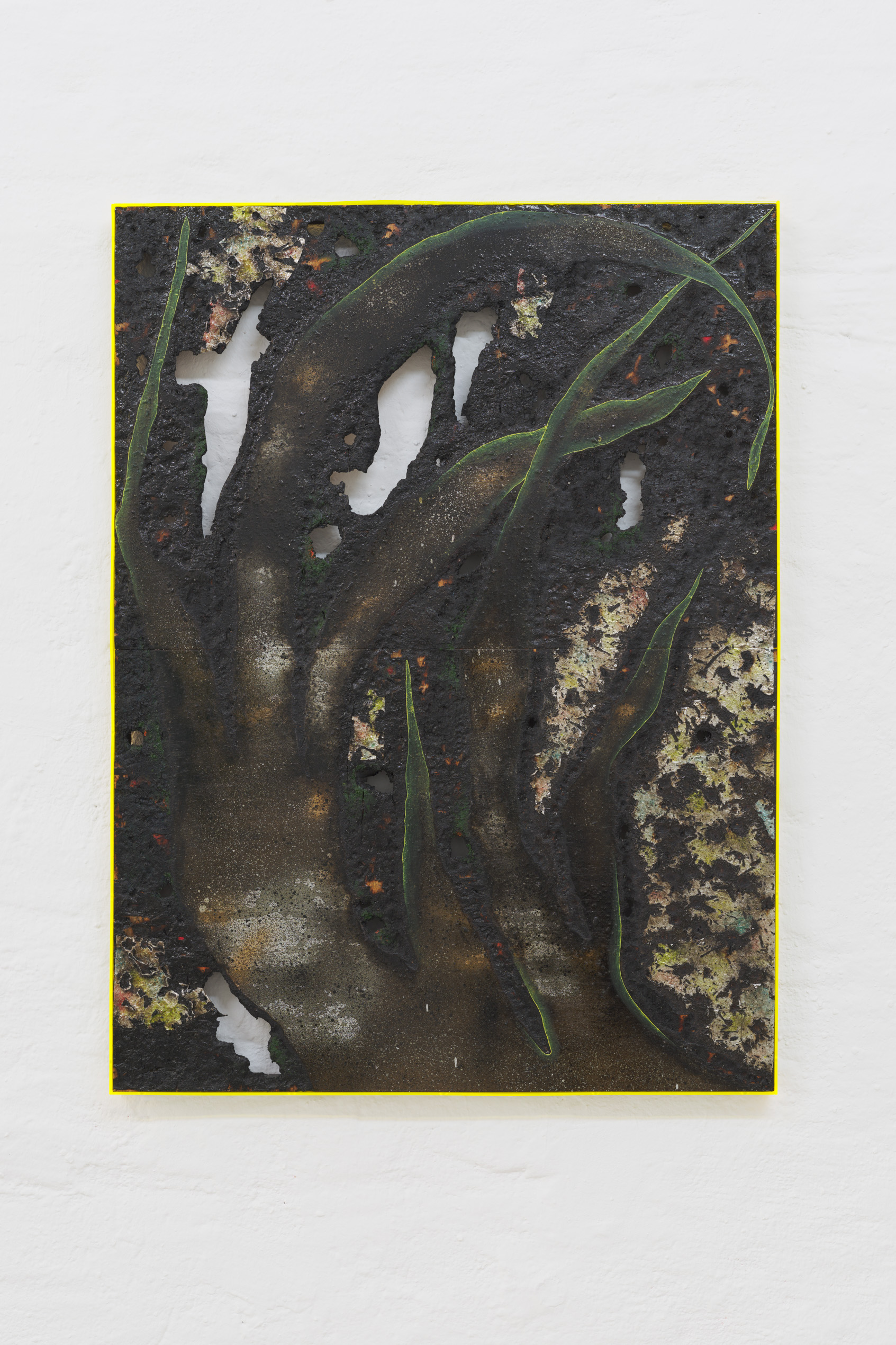 Davide Zucco, Black plant, 2017, oil, spray paint, pigment, aluminium foil, combustions and varnish on wood, plexiglass frame Davide Zucco, Black plant, 2017, oil, spray paint, pigment, aluminium foil, combustions and varnish on wood, plexiglass frame