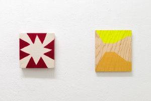 Nina Zeljković, Untitled, 2021, Egg tempera on Cotton/Linen, Dimensions variable (site-specific); Charlie Jeffery, Illusions for people (again) #2 (yellow/gold), 2016, Acrylic paint on wood